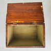 Top down view with lid open showing underside of lid and interior of antique primitive storage box with faux grain paint finish