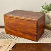 Antique wooden storage box with faux grain painted finish, worn lid, and timeworn surface, styled with seed packets and trailing plant