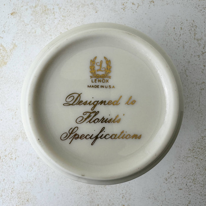 Bottom of Lenox cachepot with embossed leaf design showing backstamp