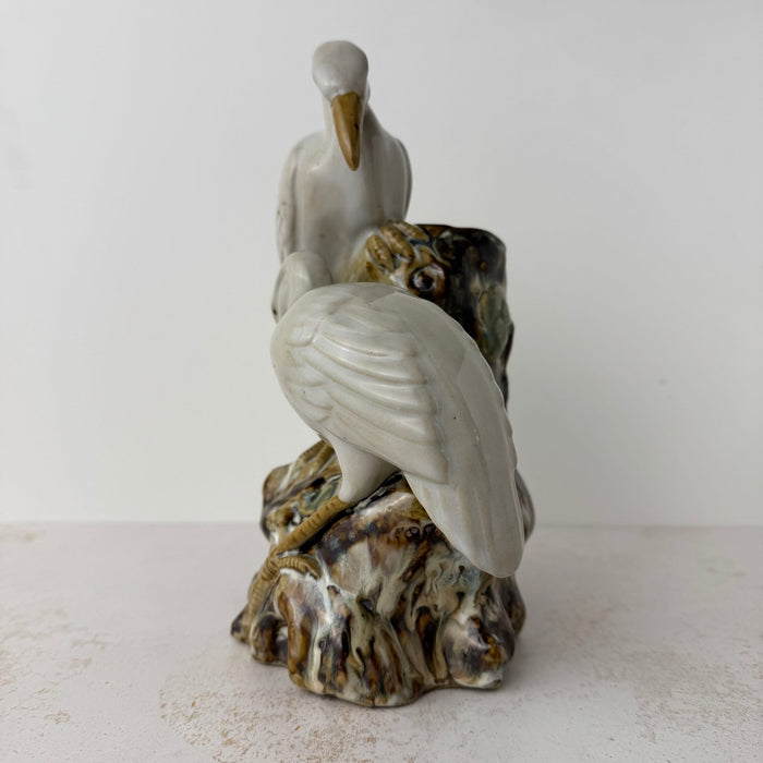 Right side view of vntage majolica style crane spill vase