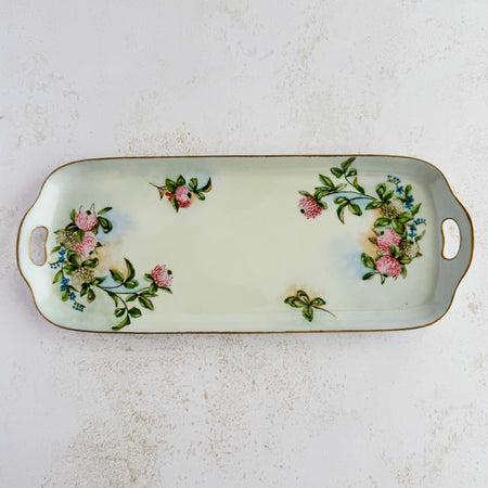 Front side of PM Bavaria porcelain dish with hand-painted pink clover blossoms