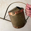Hand lifting vintage brass indoor watering can with copper accents