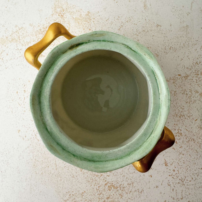 Top down view of Jean Pouyat Limoges violets sugar bowl opening and interior