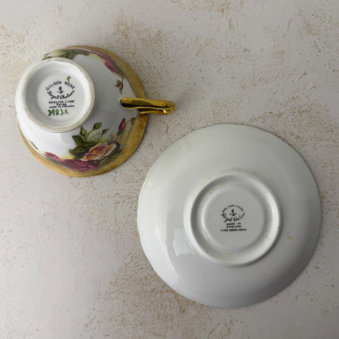 Bottom view of Royal Chelsea Golden Roses teacup and matching saucer