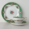 View of Tuscan Blenheim tea set with dessert plate standing behind matching teacup and saucer