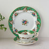 Vintage Tuscan Blenheim bone china tea trio with teacup, saucer, dessert plate, green border, floral pattern, and gold trim