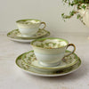 Vintage Noritake Marlene Green tea trios, set of two, with green borders, floral sprays, and gold trim