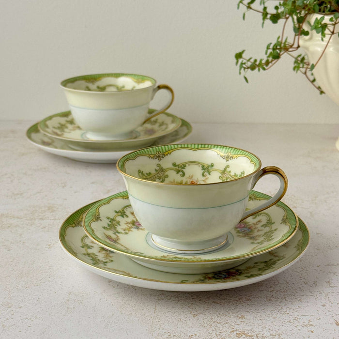 Vintage Noritake Marlene Green tea trios, set of two, with green borders, floral sprays, and gold trim