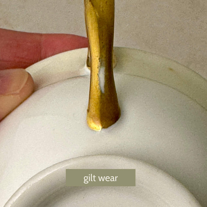 Close-up of second Noritake Marlene Green teacup handle showing light wear to gold trim consistent with vintage age and use