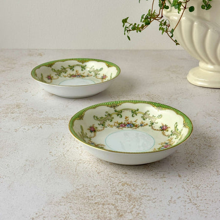 Set of two vintage Noritake Marlene Green dessert bowls with matching floral pattern, green striped borders, shallow porcelain shape, and delicate gold trim