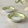 Set of two vintage Noritake Marlene Green dessert bowls with matching floral pattern, green striped borders, shallow porcelain shape, and delicate gold trim