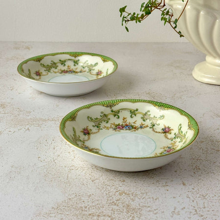 Set of two vintage Noritake Marlene Green dessert bowls with matching floral pattern, green striped borders, shallow porcelain shape, and delicate gold trim