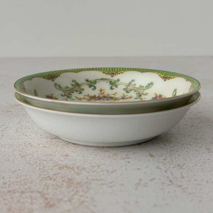 Side view of stacked Noritake Marlene Green dessert bowls