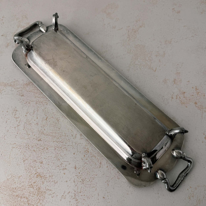 Bottom view of vintage silverplate rectangular serving tray