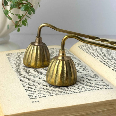 Pair of vintage brass candle snuffers with ribbed bell-shaped heads and long twisted handles, styled on an open antique book with trailing plant