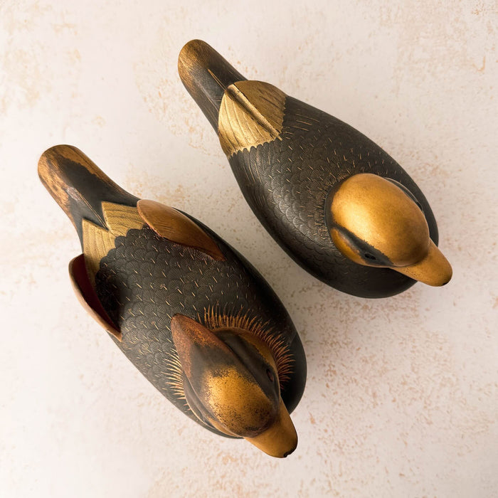 Top down view of pair of Japanese mandarin duck incense boxes