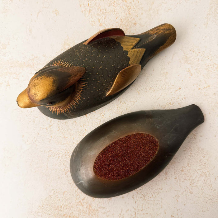 Top and bottom of male Japanese mandarin duck incense box