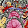 Close-up of cenral decoration of vintage Chinese-style export porcelain plate in pink, turquoise green, yellow, blue and iron red
