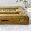 View of left top edge of vintage Chinese carved wood wall panel showing mortise joinery along the edge
