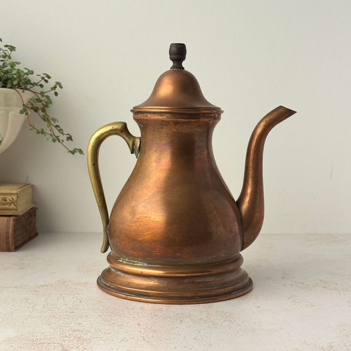 Vintage copper kettle viewed from the opposite side, showing the brass handle, curved spout, domed lid, and patina.