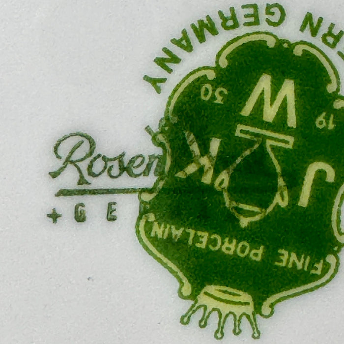 Rotated close-up showing the partially visible Rosenthal Germany mark beneath the green JKW decorator’s mark.