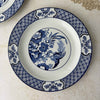 Wood & Sons Yuan plate showing blue flying bird and floral center surrounded by a geometric patterned border.
