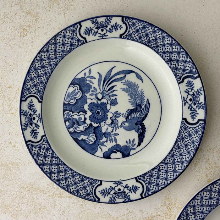 Second Wood & Sons Yuan blue and white plate showing matching bird, floral, and geometric decoration.