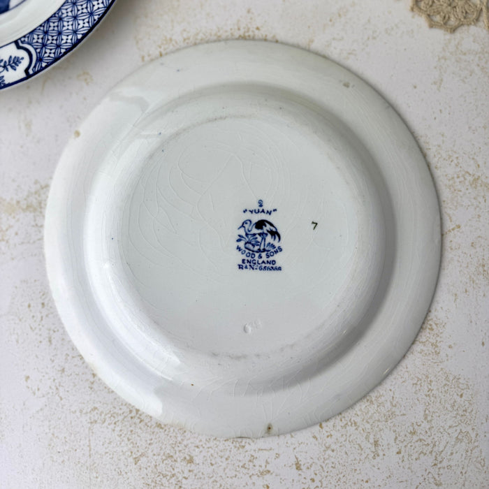 Reverse of Wood & Sons Yuan plate showing overall crazing, foot ring, and blue printed backstamp.