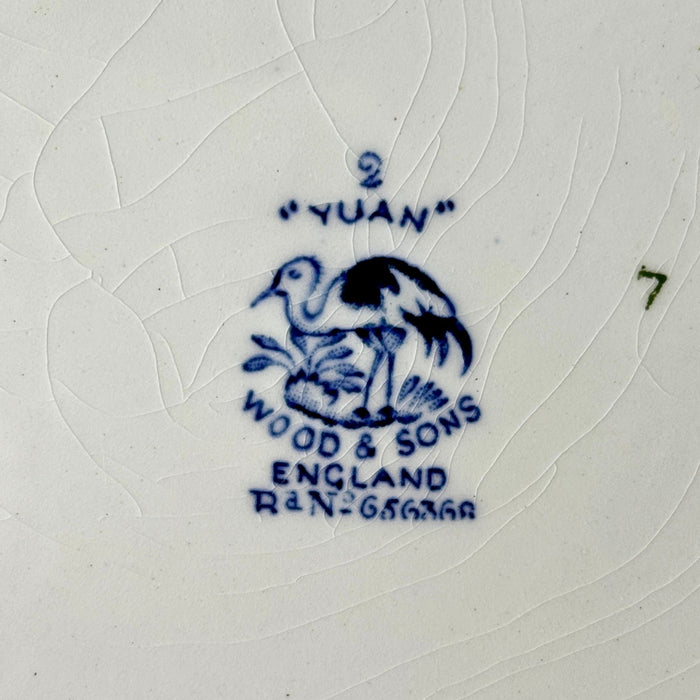 Close-up of Wood & Sons Yuan England backstamp with bird mark, Yuan pattern name, and registered design number.