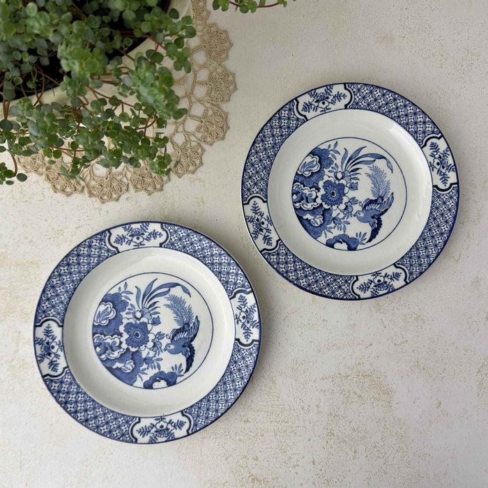 Pair of Wood & Sons Yuan blue and white plates displayed with a green plant and vintage crochet doily.