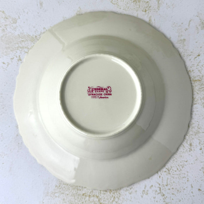 Underside of a vintage Syracuse China bowl showing the Federal Shape Syracuse China Made in America backstamp.