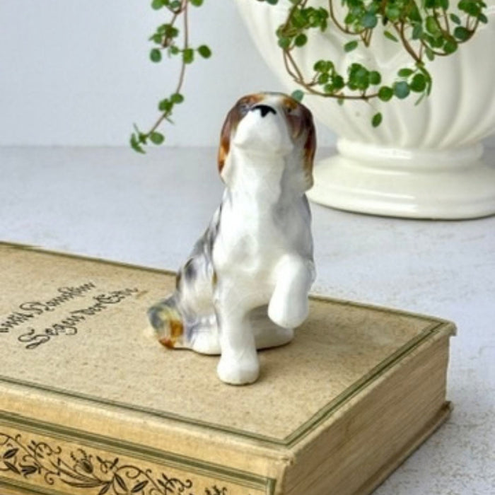 Front view of small ceramic dog figurine seated with one front paw raised.