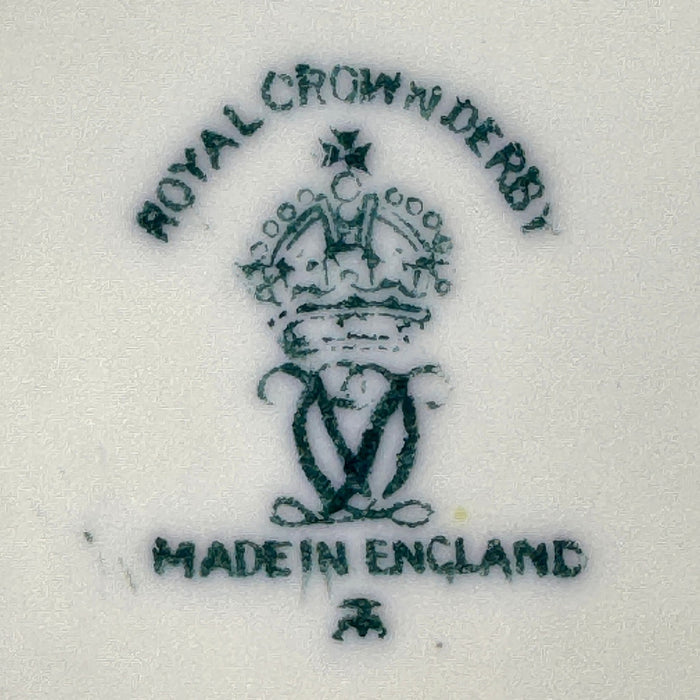 Close-up of Royal Crown Derby backstamp with crown mark, MADE IN ENGLAND, and small 1939 date cipher.