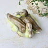Overhead view of a porcelain figurine depicting two ducks nestled together, with soft yellow-green bodies and brown and gray feather decoration, beside a trailing green plant and crochet lace.