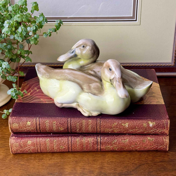 Rosenthal porcelain duck pair displayed on two antique books with burgundy covers and floral gilt decoration, beside a green plant and framed artwork.