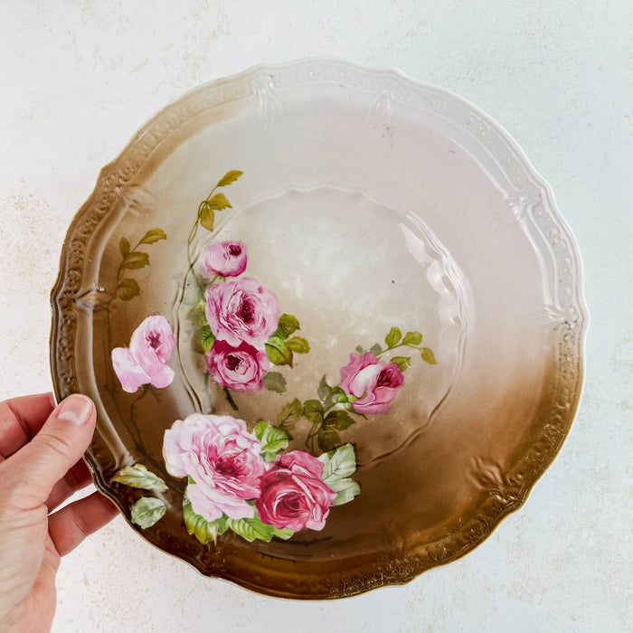 Large antique Carl Tielsch pink rose bowl with hand for scale