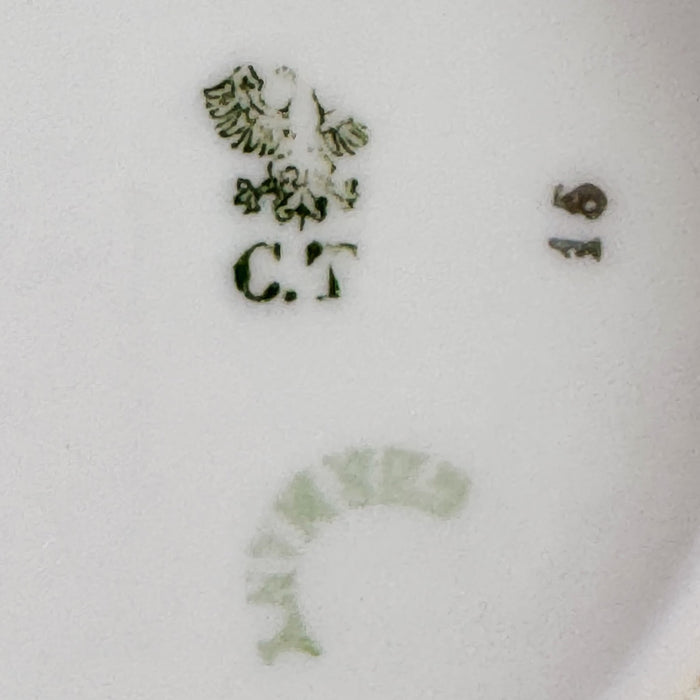 Close-up of backstamps on small antique Carl Tielsch pink rose bowl 