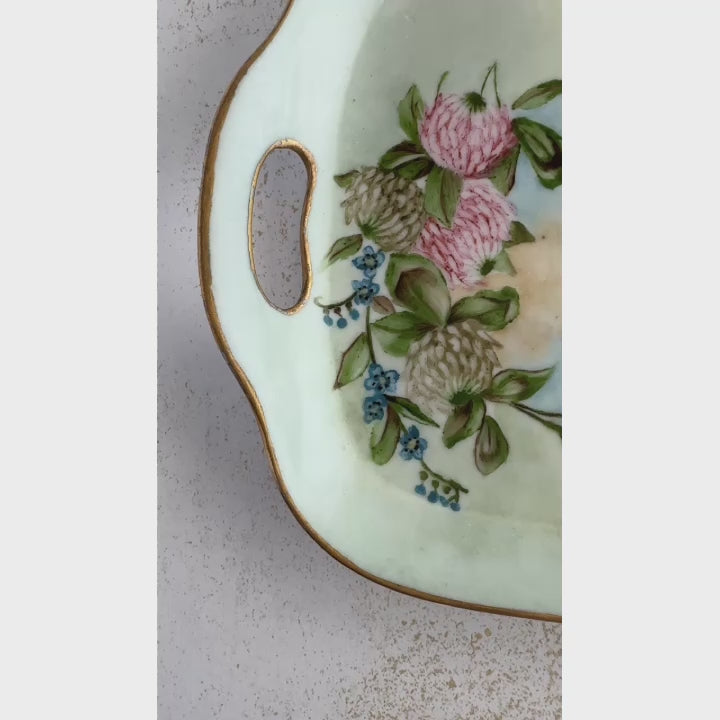 Short panning video of hand-painted PM Bavaria tray in natural light, showing glaze and painted details