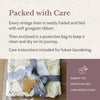 The Mauve Maven “Packed with Care” graphic showing a vintage linen tied with soft grosgrain ribbon, with text about protective shipping packaging and included care instructions.