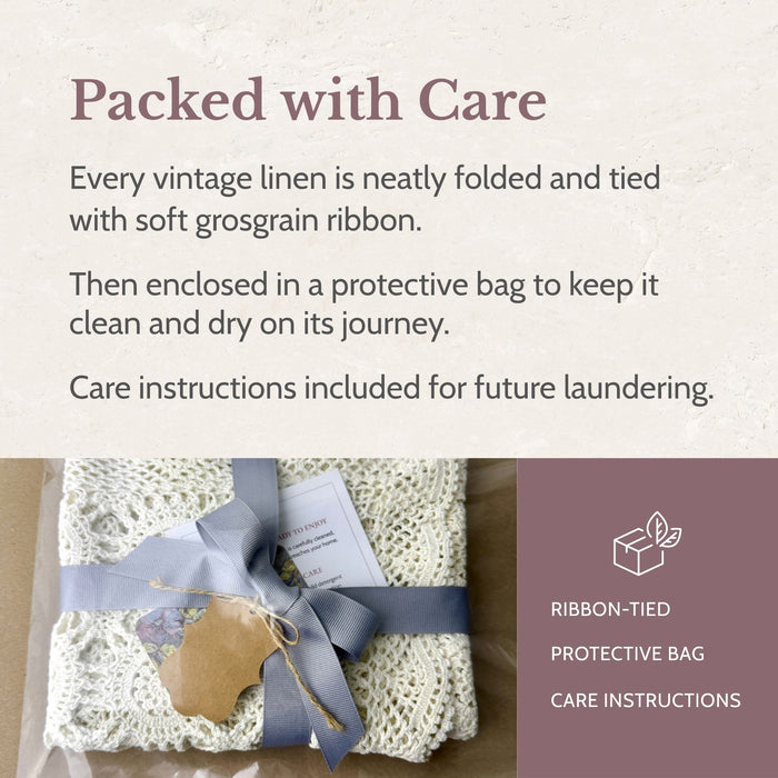 The Mauve Maven “Packed with Care” graphic showing a vintage linen tied with soft grosgrain ribbon, with text about protective shipping packaging and included care instructions.
