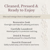 The Mauve Maven “Cleaned, Pressed & Ready to Enjoy” graphic explaining how vintage linens are prepared with an overnight restorative soak, gentle laundering in a protective mesh bag, careful pressing, and protected storage.