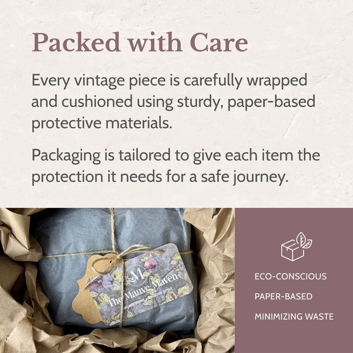 The Mauve Maven "Packed with Care" graphic showing a wrapped vintage parcel nestled in protective kraft paper with text about tailored packaging and eco-conscious, paper-based protective materials